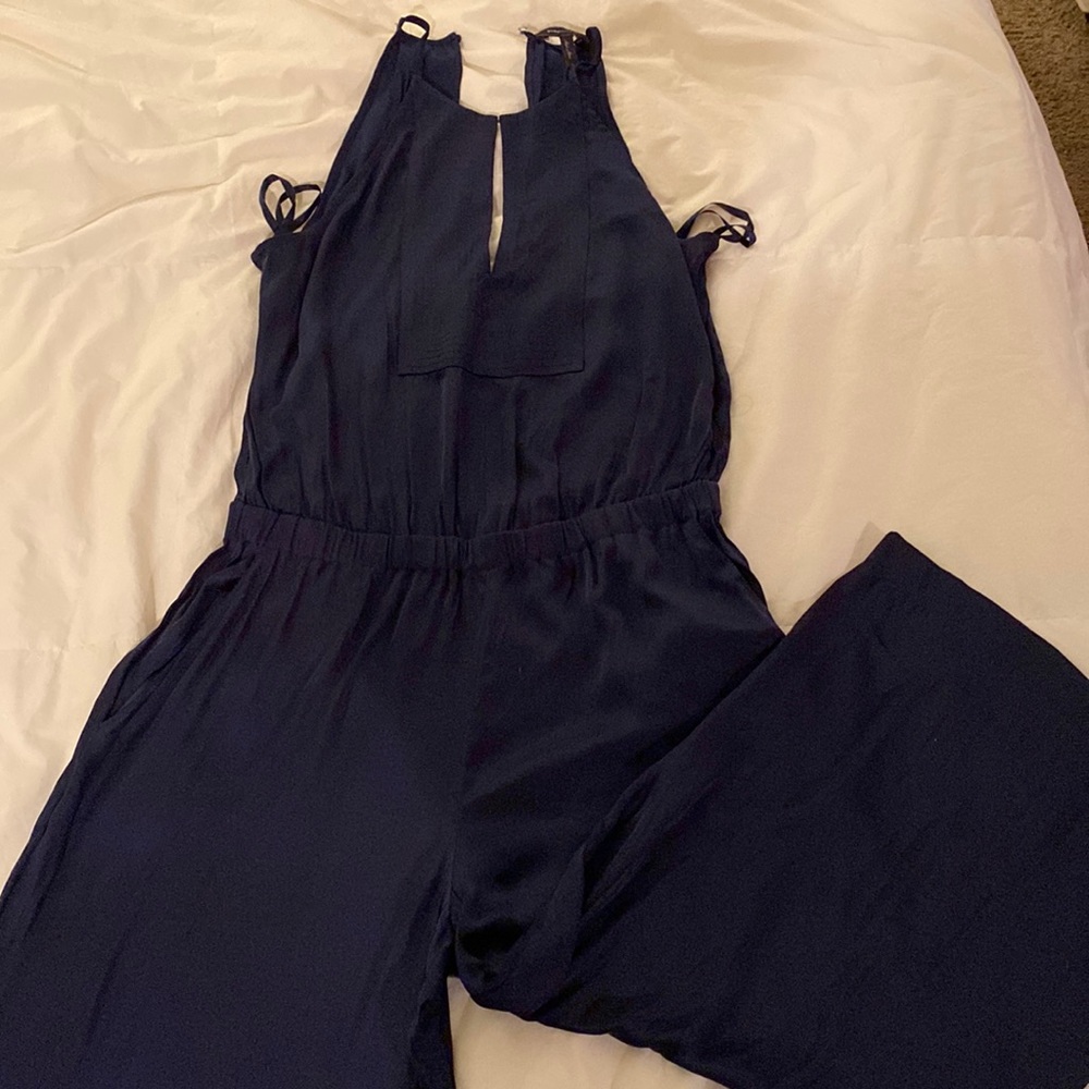 BCBG silk navy jumpsuit wide leg capri